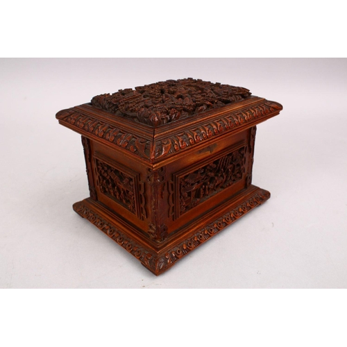 37 - A GOOD 19TH CENTURY CHINESE CANTON CARVED WOODEN CASKET, the top carved with typical canton scenes o... 