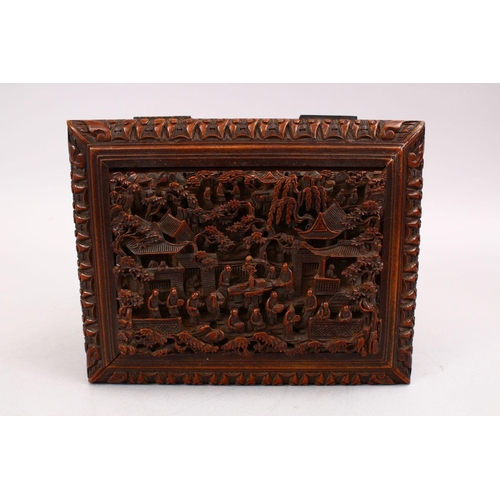 37 - A GOOD 19TH CENTURY CHINESE CANTON CARVED WOODEN CASKET, the top carved with typical canton scenes o... 