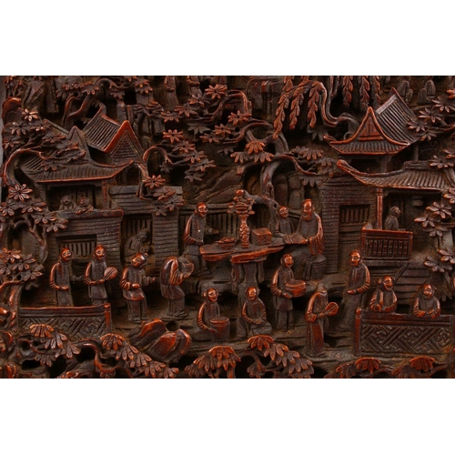 37 - A GOOD 19TH CENTURY CHINESE CANTON CARVED WOODEN CASKET, the top carved with typical canton scenes o... 