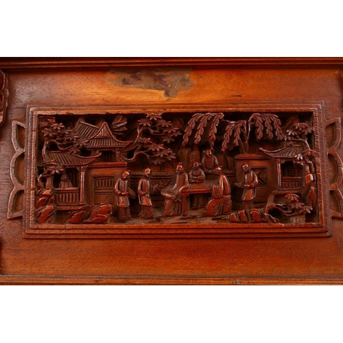 37 - A GOOD 19TH CENTURY CHINESE CANTON CARVED WOODEN CASKET, the top carved with typical canton scenes o... 