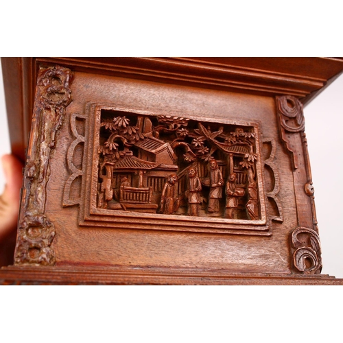 37 - A GOOD 19TH CENTURY CHINESE CANTON CARVED WOODEN CASKET, the top carved with typical canton scenes o... 