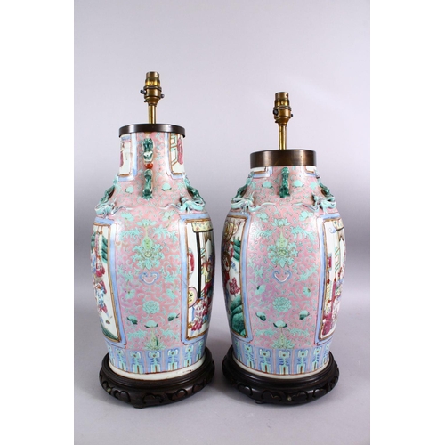 372 - A GOOD PAIR OF 19TH CENTURY CANTON CHINESE FAMILLE ROSE PORCELAIN VASES, the body with a pink ground... 