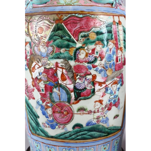 372 - A GOOD PAIR OF 19TH CENTURY CANTON CHINESE FAMILLE ROSE PORCELAIN VASES, the body with a pink ground... 