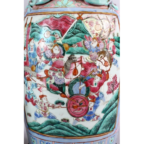 372 - A GOOD PAIR OF 19TH CENTURY CANTON CHINESE FAMILLE ROSE PORCELAIN VASES, the body with a pink ground... 