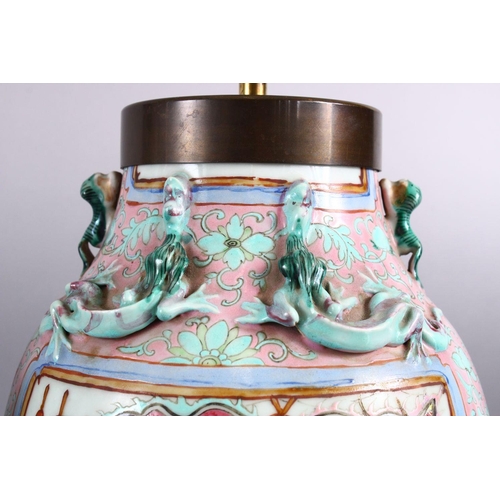 372 - A GOOD PAIR OF 19TH CENTURY CANTON CHINESE FAMILLE ROSE PORCELAIN VASES, the body with a pink ground... 