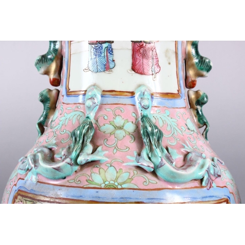 372 - A GOOD PAIR OF 19TH CENTURY CANTON CHINESE FAMILLE ROSE PORCELAIN VASES, the body with a pink ground... 