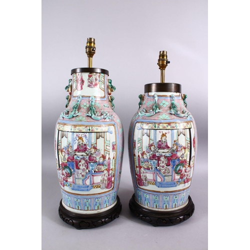 372 - A GOOD PAIR OF 19TH CENTURY CANTON CHINESE FAMILLE ROSE PORCELAIN VASES, the body with a pink ground... 