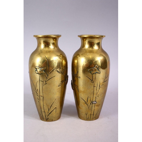 373 - A PAIR OF JAPANESE MEIJI MIXED METAL BRONZE VASES, on laid with silver and copper to depict birds am... 