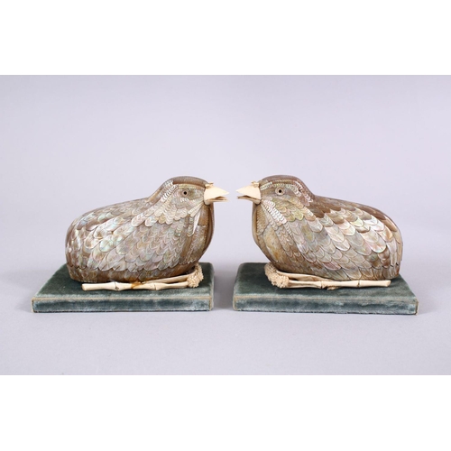 378 - A FINE PAIR OF JAPANESE MEIJI PERIOD MOTHER OF PEARL & IVORY LIDDED BOXES AS BIRDS, the birds formed... 