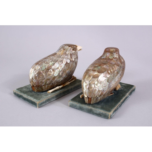 378 - A FINE PAIR OF JAPANESE MEIJI PERIOD MOTHER OF PEARL & IVORY LIDDED BOXES AS BIRDS, the birds formed... 