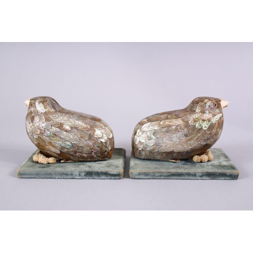 378 - A FINE PAIR OF JAPANESE MEIJI PERIOD MOTHER OF PEARL & IVORY LIDDED BOXES AS BIRDS, the birds formed... 