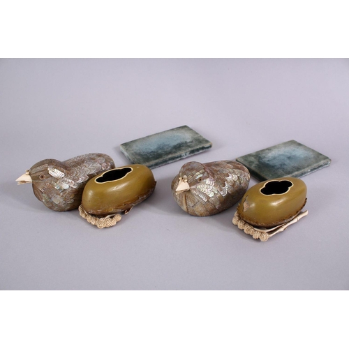 378 - A FINE PAIR OF JAPANESE MEIJI PERIOD MOTHER OF PEARL & IVORY LIDDED BOXES AS BIRDS, the birds formed... 