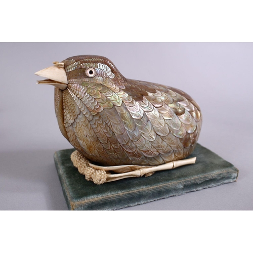 378 - A FINE PAIR OF JAPANESE MEIJI PERIOD MOTHER OF PEARL & IVORY LIDDED BOXES AS BIRDS, the birds formed... 