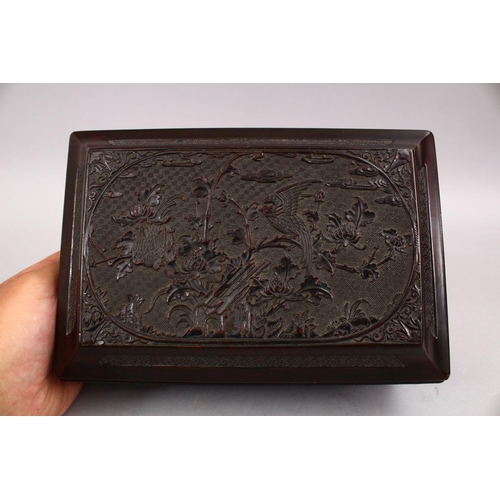 38 - A GOOD 20TH CENTURY CHINESE CARVED WOODEN METAL LINED TEA CADDY, the box carved with native floral s... 