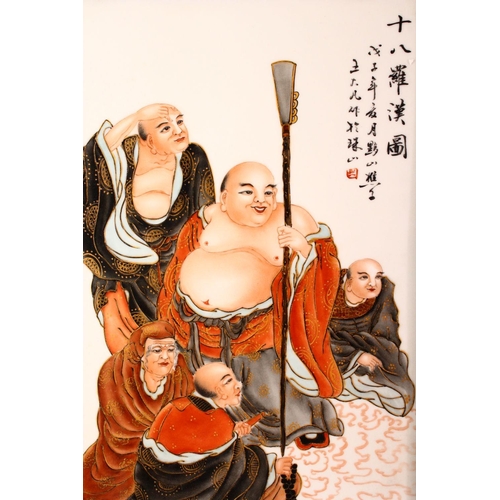 382 - A SET OF FOUR CHINESE PORCELAIN AND HARDWOOD PANELS, 92cm x 38cm.