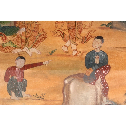 385 - A TIBETAN SCHOOL, pair of dancers in a landscape setting with other figures, 62cm x 52cm, and a pair... 