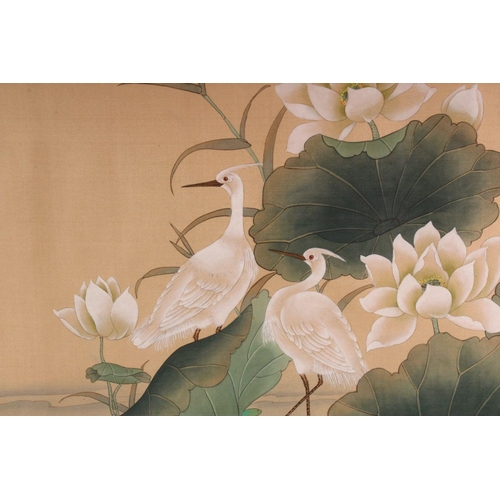 386 - A LARGE CHINESE PICTURE OF CRANES around a lily pond, 76cm x 107cm.