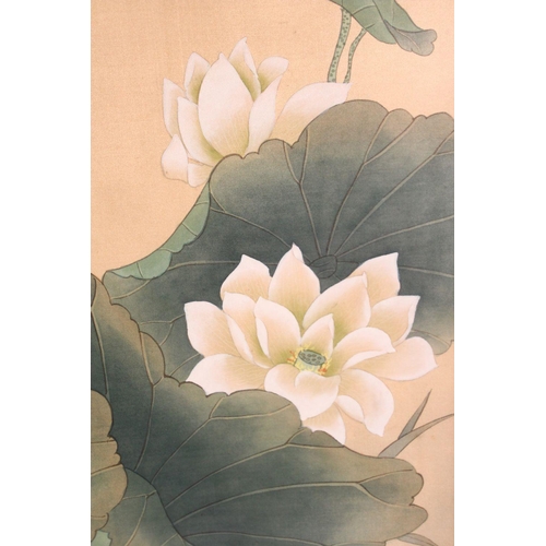 386 - A LARGE CHINESE PICTURE OF CRANES around a lily pond, 76cm x 107cm.