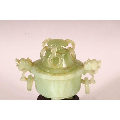 388 - A SMALL CHINESE JADE CENSER, COVER AND STAND, 12cm wide.