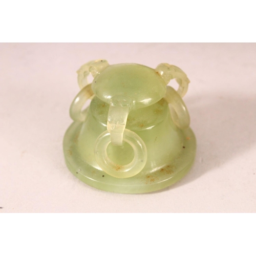 388 - A SMALL CHINESE JADE CENSER, COVER AND STAND, 12cm wide.