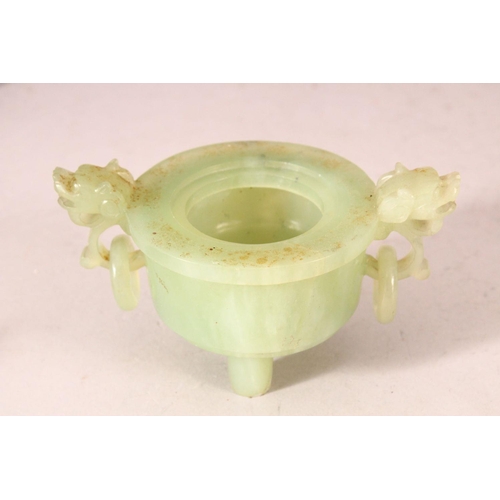 388 - A SMALL CHINESE JADE CENSER, COVER AND STAND, 12cm wide.