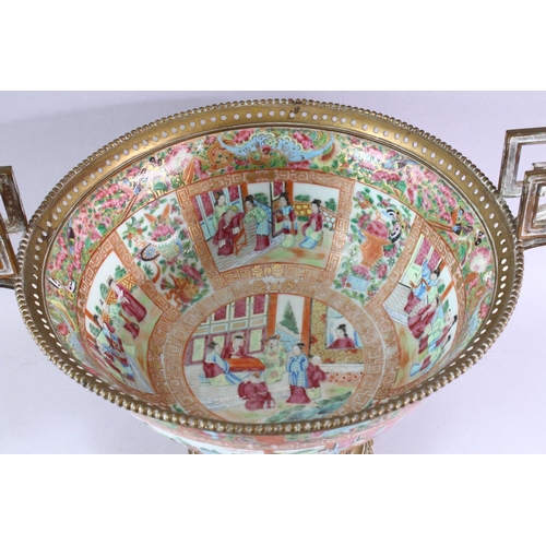 389 - A GOOD 19TH CENTURY CANTON PORCELAIN BOWL, with French ormolu mounts, the bowl painted with panels o... 