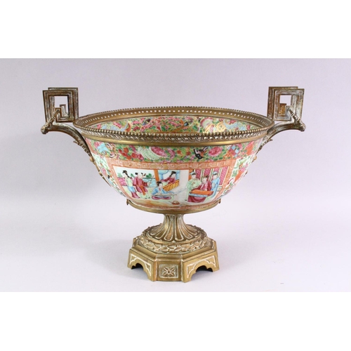 389 - A GOOD 19TH CENTURY CANTON PORCELAIN BOWL, with French ormolu mounts, the bowl painted with panels o... 