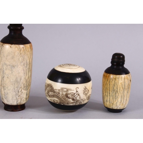 393 - A GROUP OF 19TH CENTURY CARVED IVORY SNUFF BOTTLES & BALLS, three incised ivory snuff bottles, each ... 