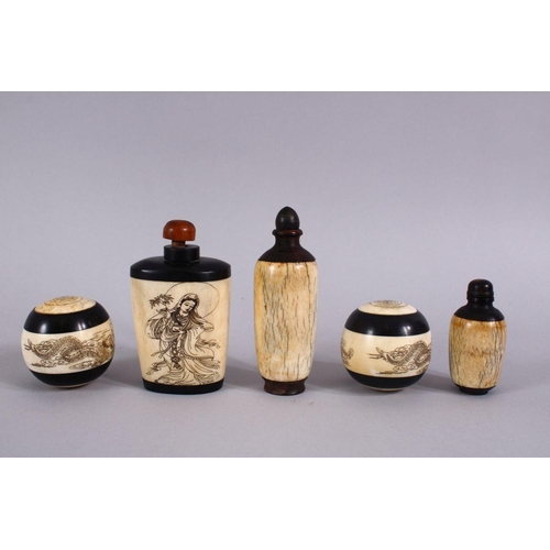 393 - A GROUP OF 19TH CENTURY CARVED IVORY SNUFF BOTTLES & BALLS, three incised ivory snuff bottles, each ... 