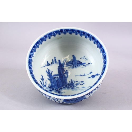 394 - A JAPANESE MEIJI PERIOD BLUE & WHITE TRIPOD BOWL, decorated with an interior scene of a village, the... 