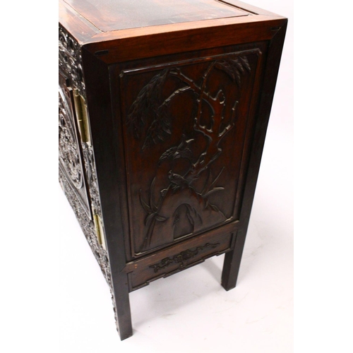 395 - A LOVELY 19TH CENTURY CHINESE HARDWOOD / HONGMU CARVED DRAGON TWO-DOOR CABINET, the door panels carv... 