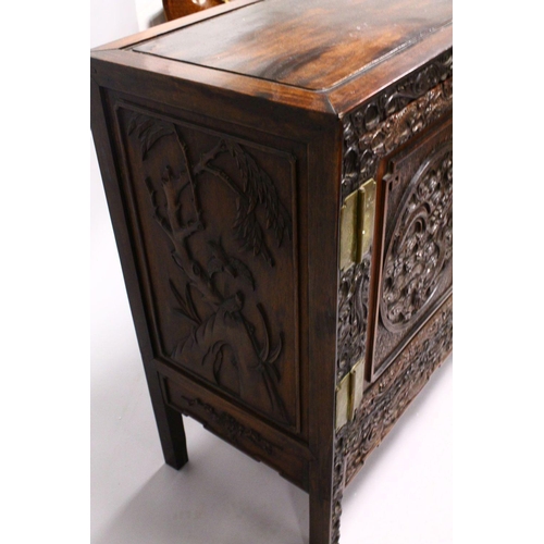 395 - A LOVELY 19TH CENTURY CHINESE HARDWOOD / HONGMU CARVED DRAGON TWO-DOOR CABINET, the door panels carv... 