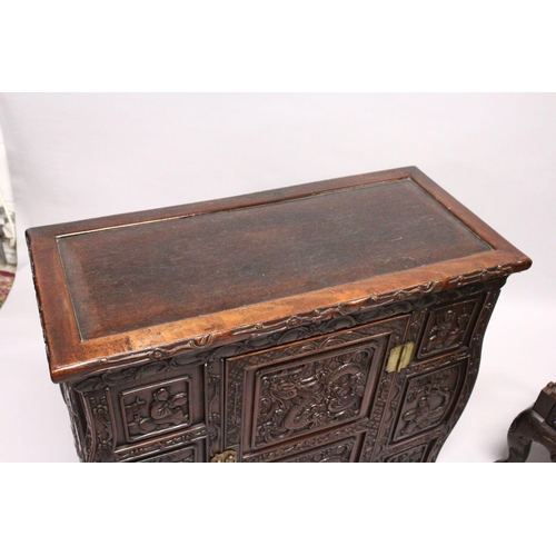 397 - A GOOD 19TH CENTURY CHINESE CARVED HARDWOOD / HONGMU CABINET ON STAND, the cabinet with an opening d... 