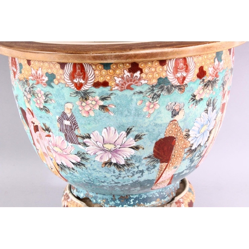 408 - A LARGE 20TH CENTURY SATSUMA JARDINIERE AND STAND, painted with figures in a landscape (AF), overall... 