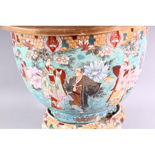 408 - A LARGE 20TH CENTURY SATSUMA JARDINIERE AND STAND, painted with figures in a landscape (AF), overall... 