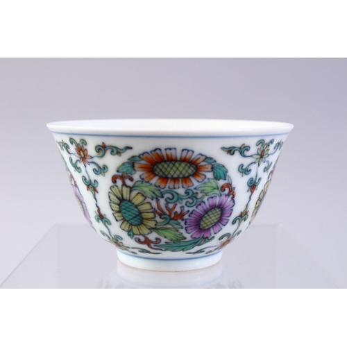 412 - A CHINESE DOUCAI DECORATED CHRYSANTHEMUM PORCELAIN CUP, decorated with roundels of floral displays, ... 