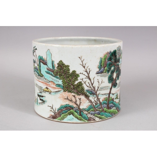 417 - A GOOD LARGE CHINESE FAMILLE ROSE PORCELAIN BRUSH WASH, decorated with native landscape views, 17cm.