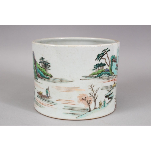 417 - A GOOD LARGE CHINESE FAMILLE ROSE PORCELAIN BRUSH WASH, decorated with native landscape views, 17cm.