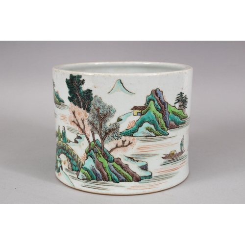 417 - A GOOD LARGE CHINESE FAMILLE ROSE PORCELAIN BRUSH WASH, decorated with native landscape views, 17cm.