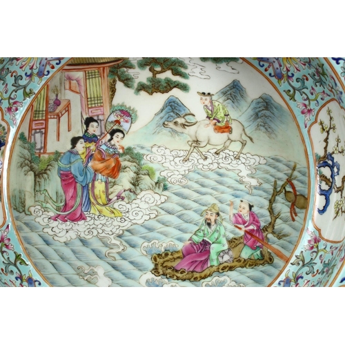 418 - A LARGE CHINESE FAMILLE ROSE PORCELAIN BASIN, with panel decoration, of native floral decoration and... 