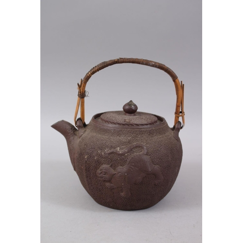 419 - A JAPANESE MEIJI PERIOD MOULDED CLAY / YIXING STYLE DRAGON TEAPOT / KETTLE, the body with nanako sty... 