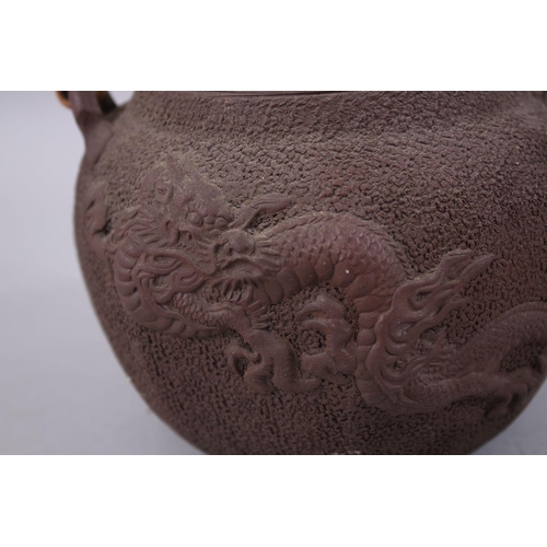 419 - A JAPANESE MEIJI PERIOD MOULDED CLAY / YIXING STYLE DRAGON TEAPOT / KETTLE, the body with nanako sty... 