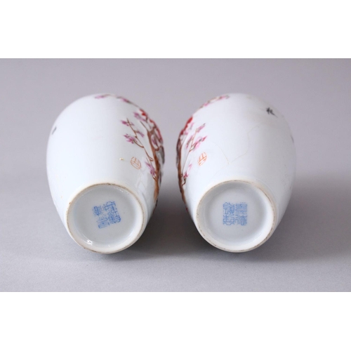 42 - A PAIR OF CHINESE REPUBLIC STYLE EGG SHELL PORCELAIN FAMILLE ROSE VASES, with raised and decorated f... 