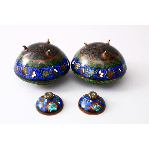 43 - A PAIR OF 19TH / 20TH CENTURY CHINESE CLOISONNE LIDDED KORO, the body of the koro's decorated with a... 