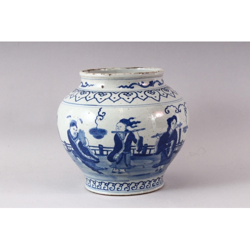 432 - A LATE 19TH / EARLY 20TH CENTURY CHINESE BLUE AND WHITE JAR, painted with musicians and other figure... 