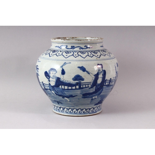 432 - A LATE 19TH / EARLY 20TH CENTURY CHINESE BLUE AND WHITE JAR, painted with musicians and other figure... 