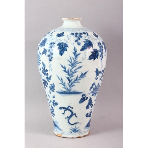 437 - A YUAN STYLE BLUE AND WHITE MEIPING VASE, the body painted with grape and chrysanthemum decoration, ... 