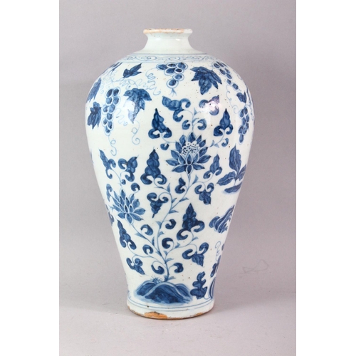 437 - A YUAN STYLE BLUE AND WHITE MEIPING VASE, the body painted with grape and chrysanthemum decoration, ... 