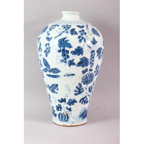 437 - A YUAN STYLE BLUE AND WHITE MEIPING VASE, the body painted with grape and chrysanthemum decoration, ... 