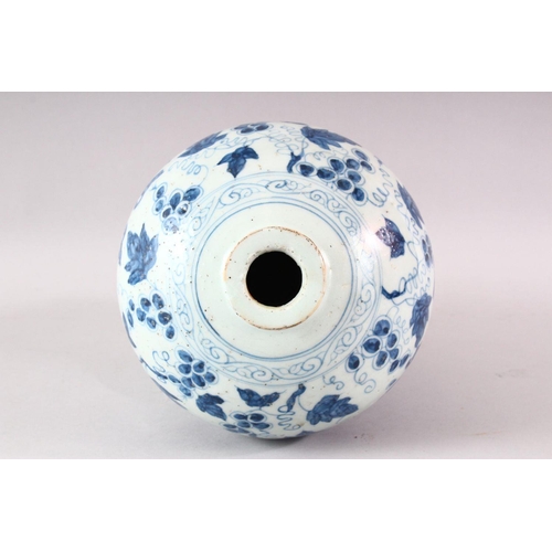 437 - A YUAN STYLE BLUE AND WHITE MEIPING VASE, the body painted with grape and chrysanthemum decoration, ... 